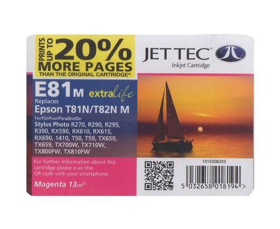 Купить Картридж JetTec для Epson Stylus Photo R270/T50/TX650 аналог C13T08234A10/C13T11234A10 Magenta (110E008203) повышенной емкости по лучшей цене