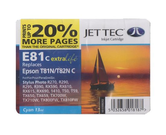Купить Картридж JetTec для Epson Stylus Photo R270/T50/TX650 аналог C13T08224A10/C13T11224A10 Cyan (110E008202) повышенной емкости по лучшей цене