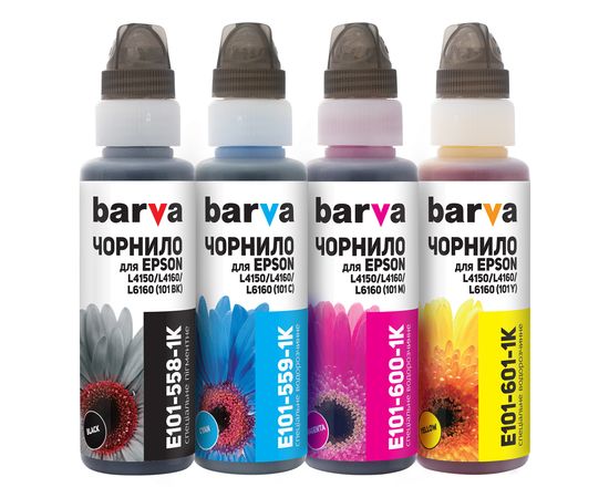 Купить Комплект чернил Epson 101 специальные 4х100 мл, флакон OneKey (1K), PGBK/C/M/Y Barva (E101-1K-MP) по лучшей цене
