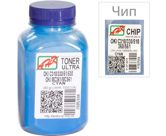 Купить Тонер+чип АНК для OKI C310/330/510 ( тонер АНК, чип АНК) бутль 80г Cyan (1505338) ULTRA COLOR по лучшей цене